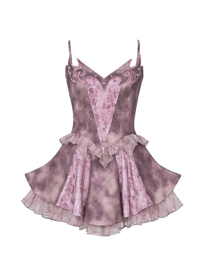 Slip Denim Y2K Totem Embroidery with Punk Ruffles Dress Dusty Pink Studded Tiered Tulle Rhinestoned