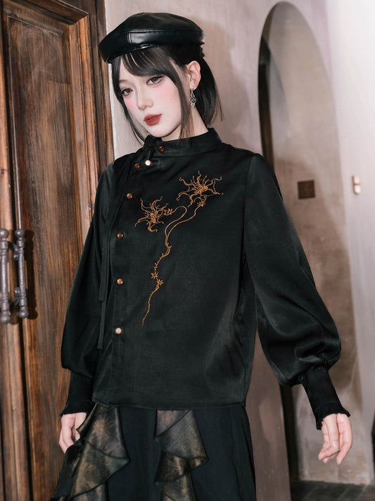 Black Stand Collar Long Sleeve Shirt with Asymmetric Placket, Mandala Embroidery and Tie Accents - Quirky Hut