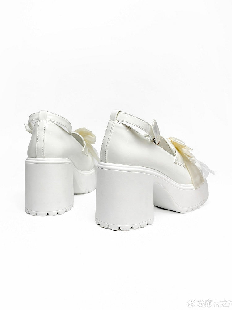 Herz-Plattform Perlen Jirai mit - Vamp Bow Kei White Heels Hohe Schnalle Block Matching