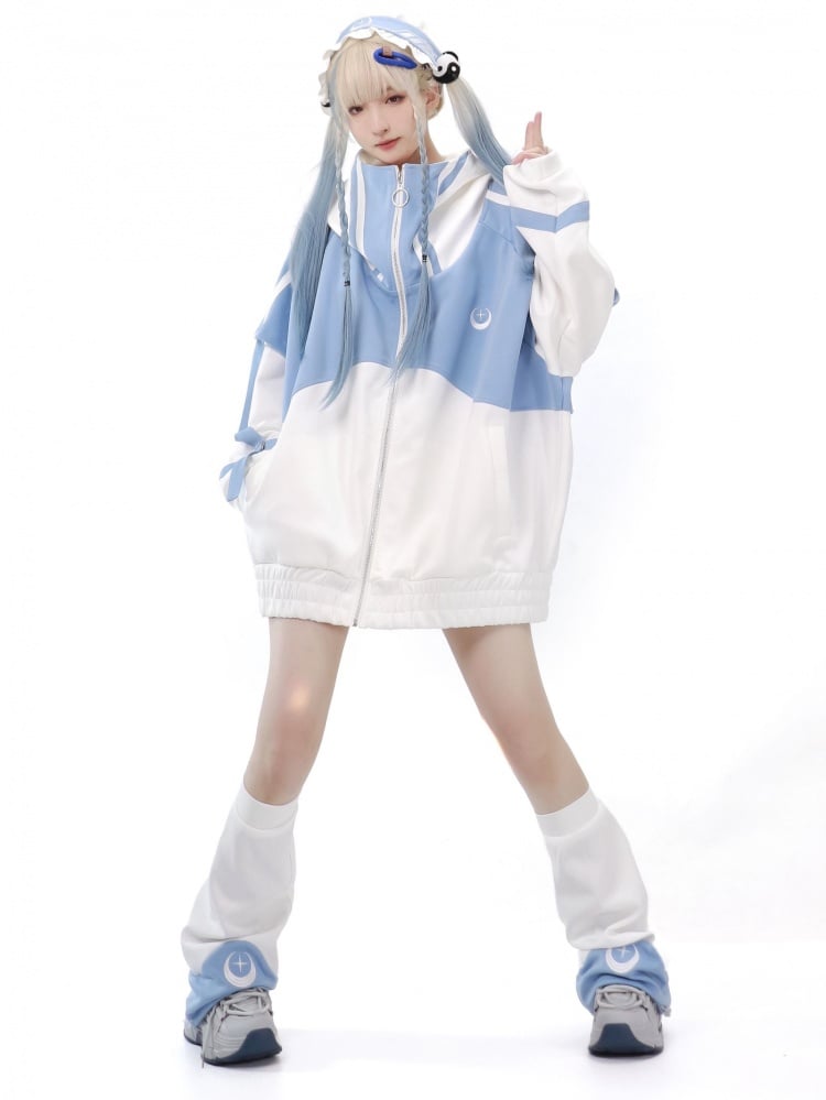 Light Blue and White Zip Up Front Jacket Long Sleeves Tenshi Kaiwai Sweatershirt