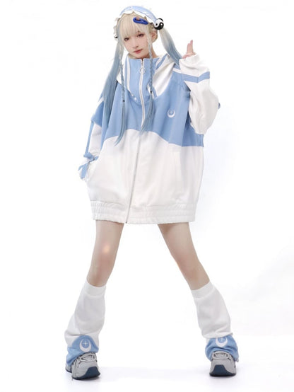Light Blue and White Zip Up Front Jacket Long Sleeves Tenshi Kaiwai Sweatershirt