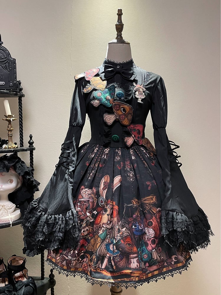 Black Dark-Rabbit Print Lolita Jumper Skirt with Square Neckline