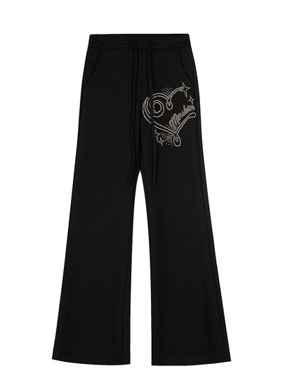 Casual Straight Leg Pants with Heart Rhinestone - Solkatt