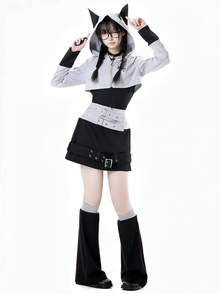 Colorblock Design 45CM Gray Knitted Leg Warmers and Black