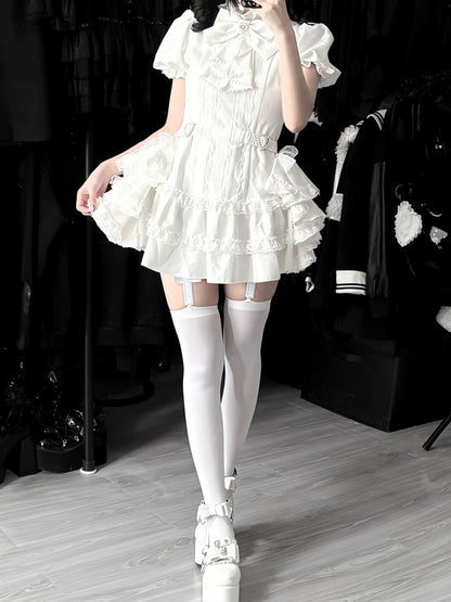 Bow and White Kei Flowing Dress Side Sleeves Tie Train，Shorts Set: with Puffy Gothic Jirai
