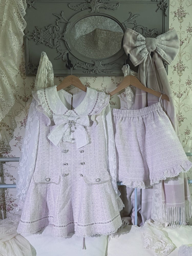 Tweed Set Long-Sleeve Pink Dress Kei Jirai Matching + Lace Fresh Shorts