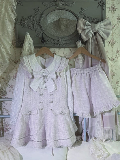 Tweed Set Long-Sleeve Pink Dress Kei Jirai Matching + Lace Fresh Shorts