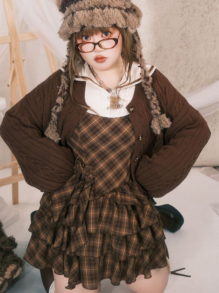 Detachable Preppy with Plaid Dress Plus Roses Brown Size Sailor Tiered Collar