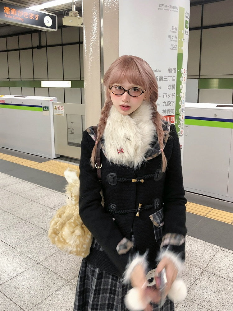 Rhinestone Accent Reversible with Faux White Double Fur Metal Red Cross Scarf