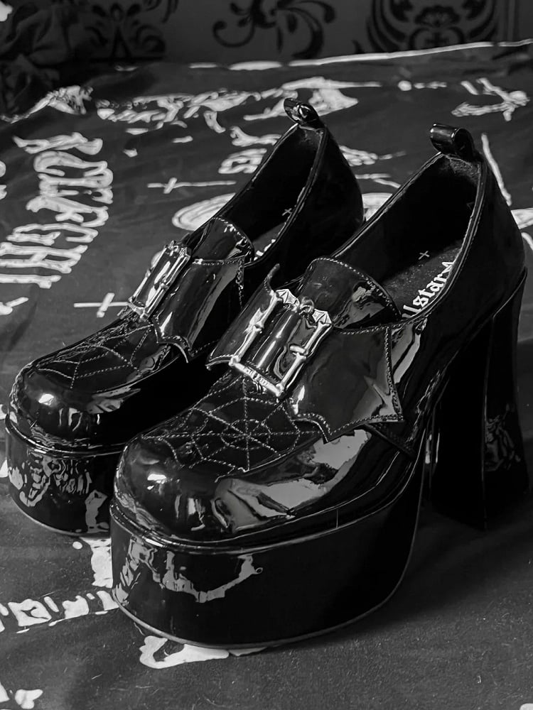 High Decor Block Gothic Heels Design Platform Wing Black Polished Bat PU Leather Spiderweb in -