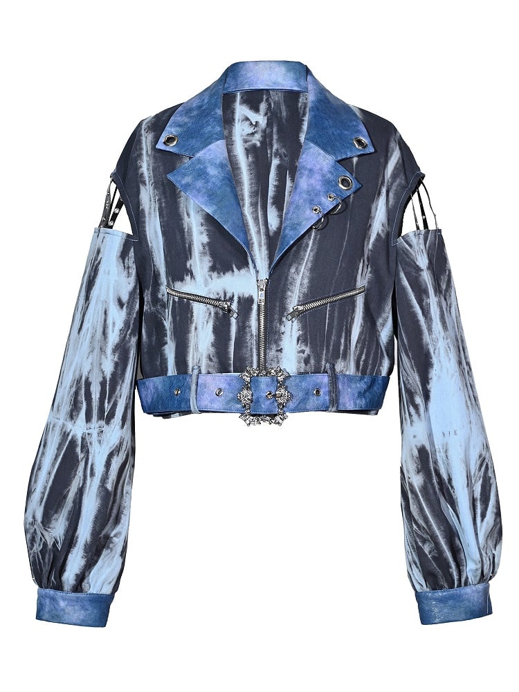 Grunge Punk Rock Blaue Cutout-Ärmel Tie Dye PU-Motorradjacke mit kostenlosem Gürtel