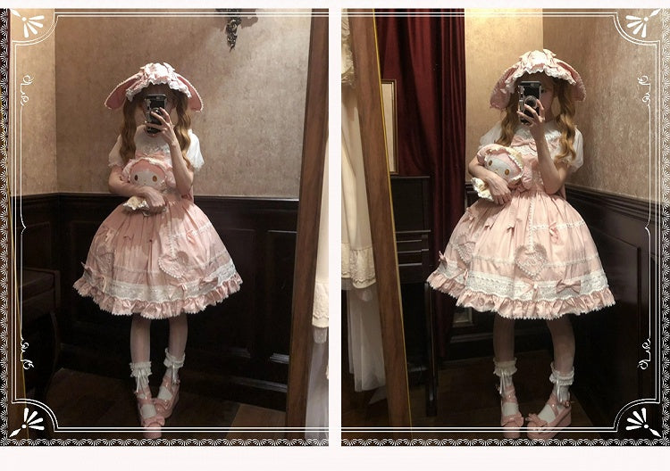 Rock Sweetheart Weiß Lolita Jumper Old Dress School Applikation Baumwolle Rosa und