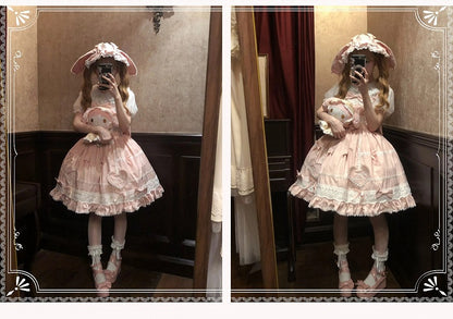 Rock Sweetheart Weiß Lolita Jumper Old Dress School Applikation Baumwolle Rosa und