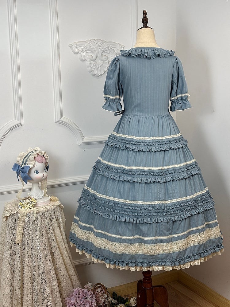Blue Layered Ruffles Elegant Lolita Dress Front Button Placket - Miss Point