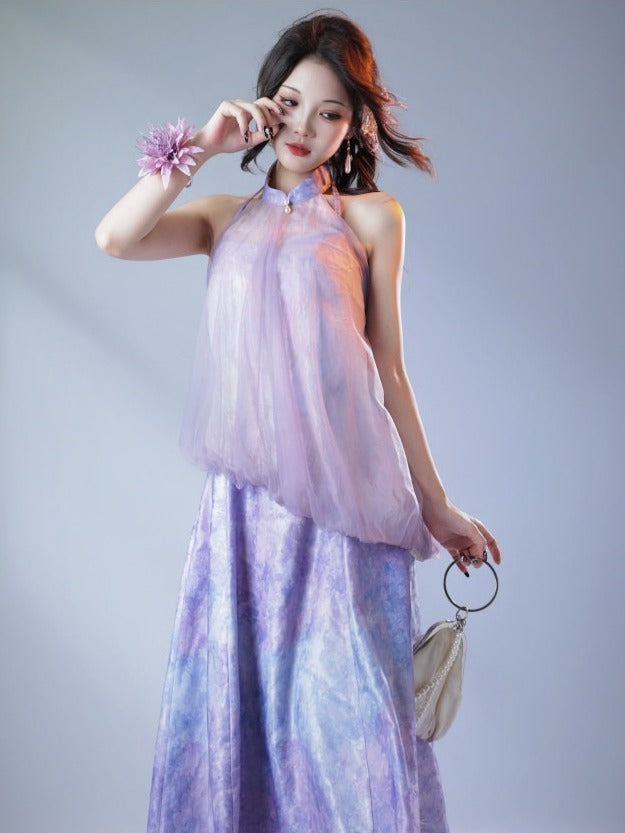 Satin A-Line Chinese Style Floral Slip Dress - sijinstudio