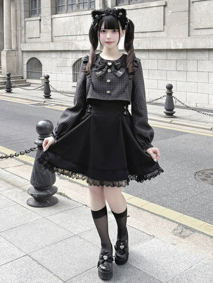 Black with Jirai Dress Square Houndstooth Waist Two-Piece Design Sleeve Buckles Long Faux and Kei