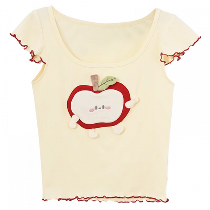 T-Shirt Salatrot Hellgelb Rundhalsausschnitt Apfelapplikation Saum