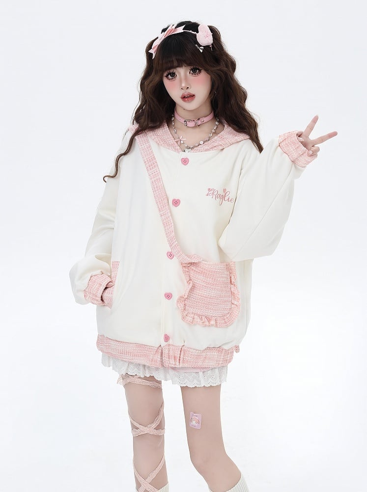 Apricot & Pink Heart-shaped Buttons Hoodie with Detachable Bunny Ear Design