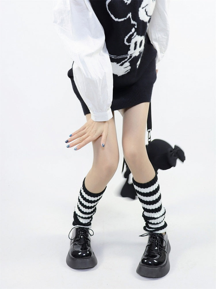 Leg Warmers cm and Black Retro 40 Striped Warm White Style Knit Mid-calf