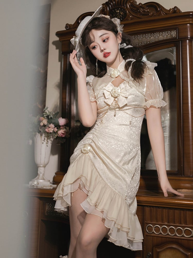 ロリータ マーメイド ローズ ヘムライン フリル ジャカード アイボリー デコレーション ディテール ビーズ JSK