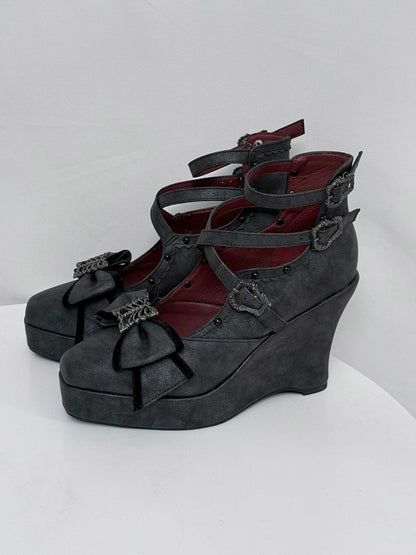 Matte Black Gothic Lolita 10cm Slope Heel Shoes with Butterfly Bow Accent - sphenoid