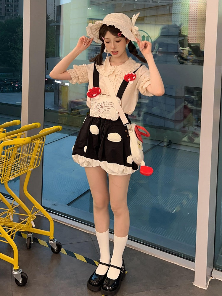 Mushroom Sweet Bubble Fleece Short Lolita White Straps Spot with Applique Black Detachable