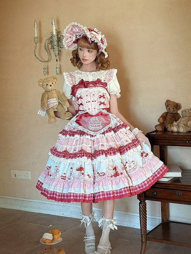 Pink Cherry Cake Print Sweet Lolita Dress with Layered Ruffles - Strawberry Fantasy