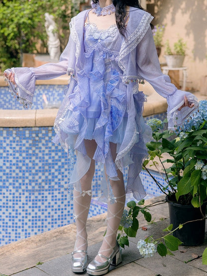 Lavender Flare Jacket with Lace and Pendant Detail - Zao Jing Ji