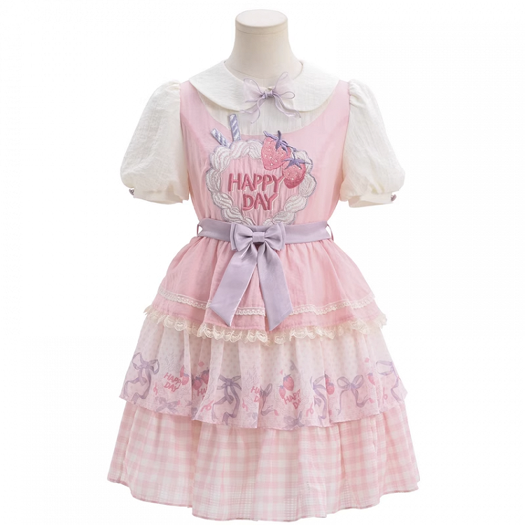 Süße Erdbeerkuchen Stickerei Peter Kragen Lolita Kleid Rock Tiered Pan Pink