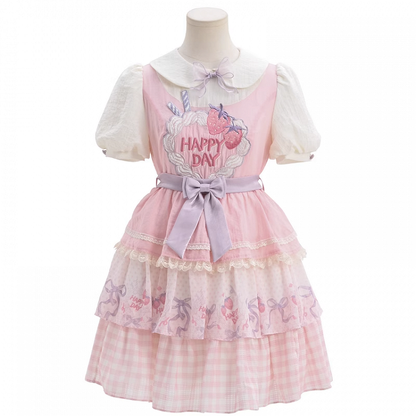Sweet Strawberry Cake Embroidery Peter Collar Lolita Dress Skirt Tiered Pan Pink