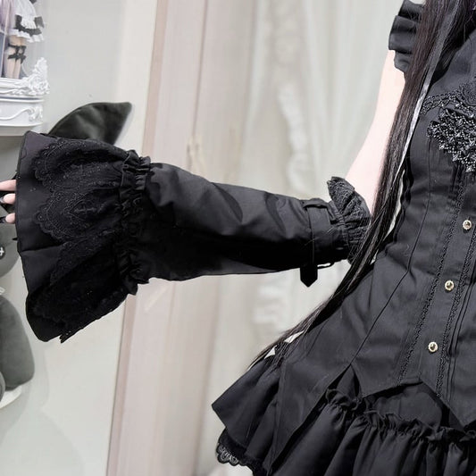 Black Gothic Sleeves Strap with Lace Cuffs - Shape Buckle Scalloped Cross-Stitch Arm Bell