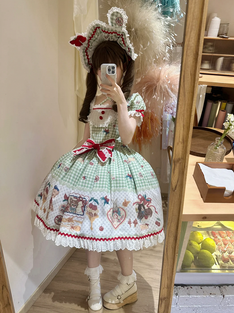 Gingham Black Sleeves Kitty and Print Sweet Lolita Dress Short Bunny