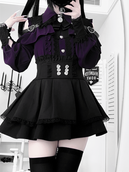 Shoulder Landmine with Blouse Buttons Cutout Blackish-Purple: Style in Heart Sweetheart Buckle