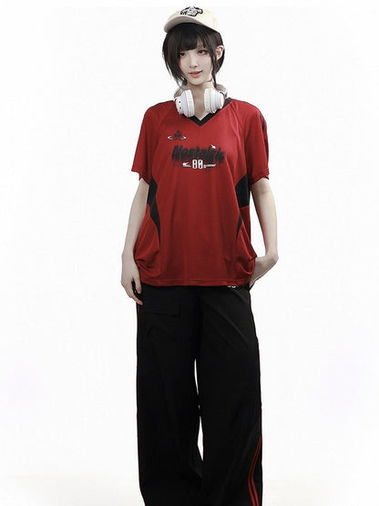 Athletic Black Cargo Straight Pants with Red Stripe - PINK SAVIOR