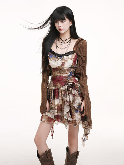 Gothic Cascading Multicolor Asymmetric Waist with Slip Ruffles Rose Hem Dress