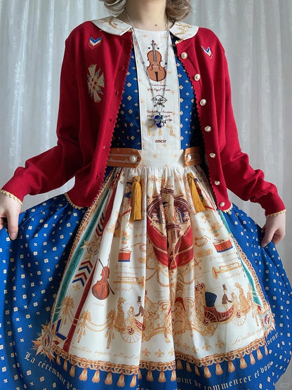 Short Dark Blue Musical Print Peter Pan Collar OP Dress with Tassels - Crucis Universal Tailor Company