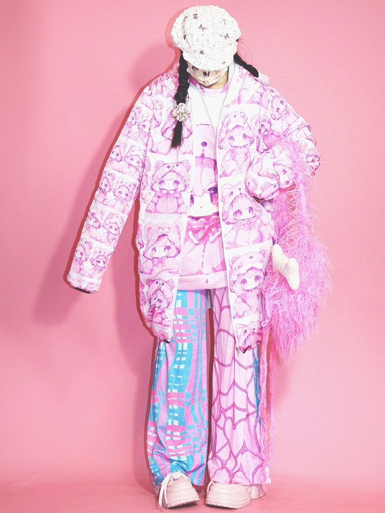 Puffer Jacket Pink Y2K Cartoon Print Hooded