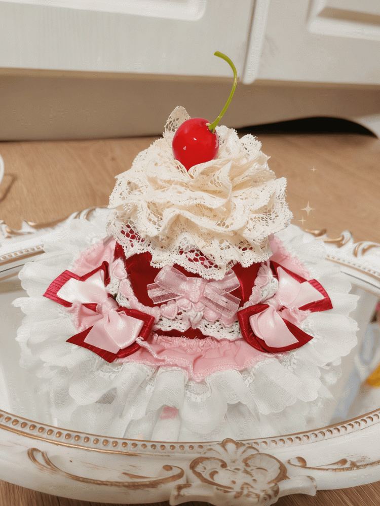 Pink Mini Lace Veil Cherry Lolita with Hat Red Cake
