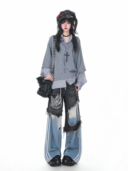 with Pants Jeans Two-Piece Waist Faux Drawstring Blue Patched Distressed