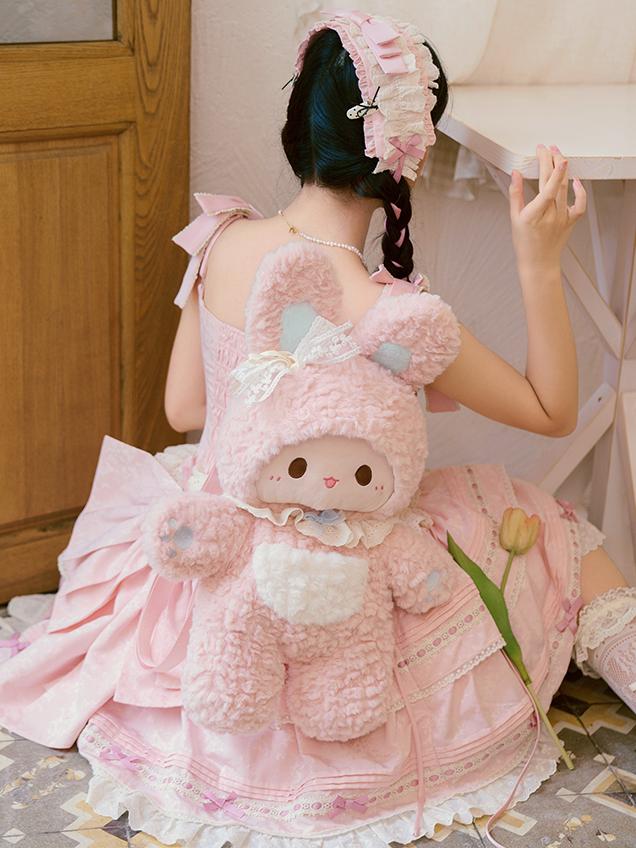 Fluffy Shoulder Pink Backpack Detachable Plush With Straps Bunny