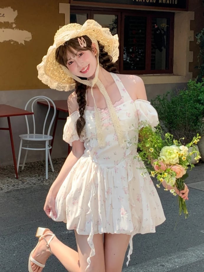 Waist Sweet White Puff Sleeves Basque Halter Neck Floral Dress