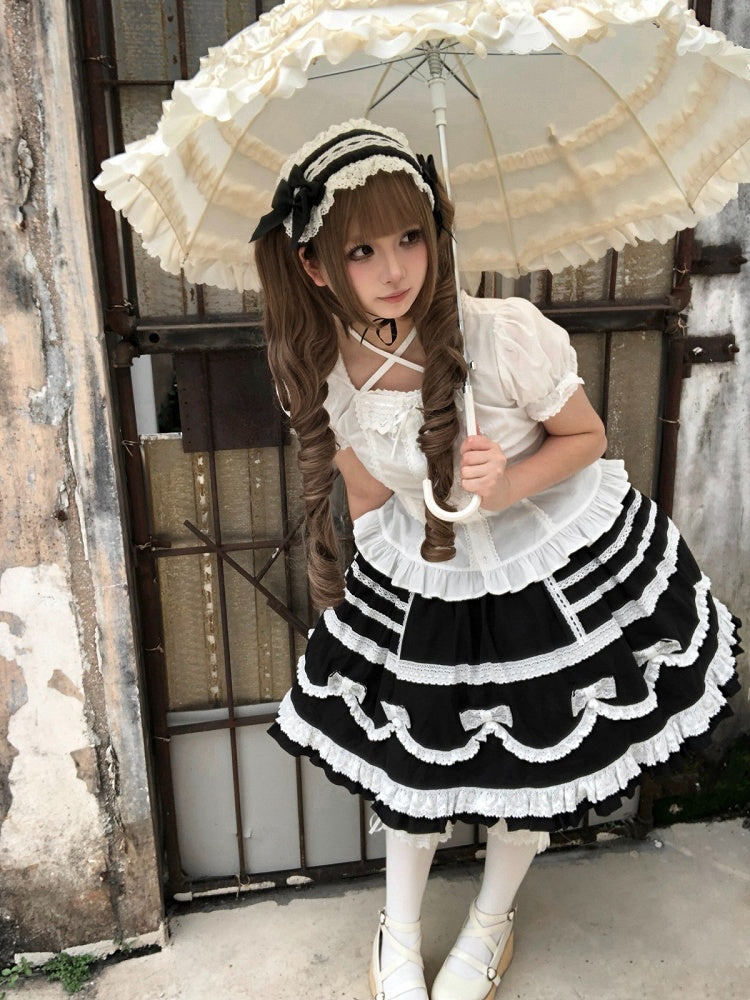 Black & White Bow Lace-Trimmed Skirt - Hana Studio