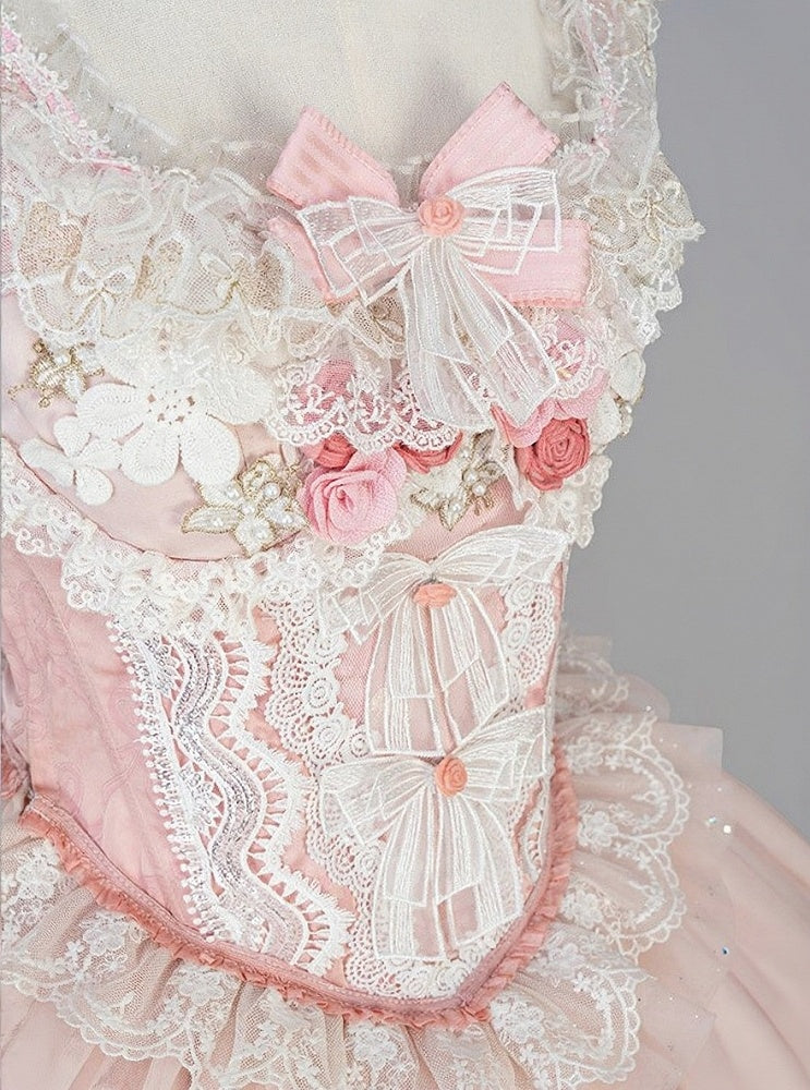 Lace-Trimmed Lolita Bow Lace Corset Pink Top + Decorated Skirt Jacquard Sweet and