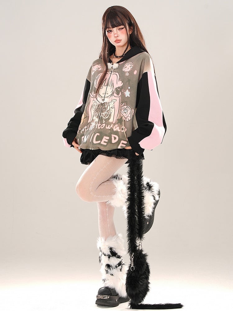 Black Cartoon Girl Colorblock Sleeves Zip Hoodie