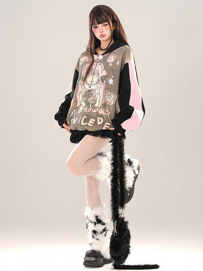 Black Cartoon Girl Colorblock Sleeves Zip Hoodie