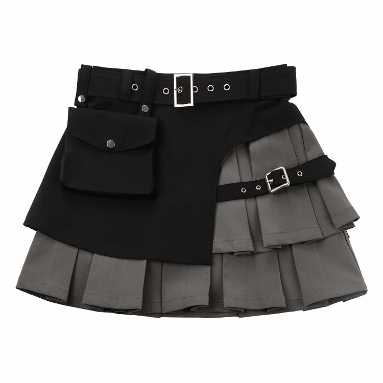 Layered Cargo Futuristic with Box Pleat Pockets Techwear Skirt