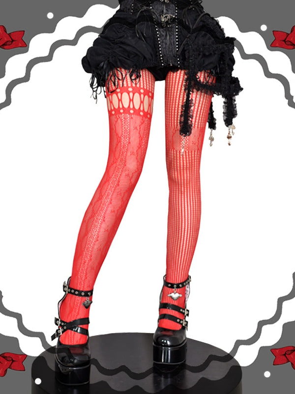Red / Purple / Black / White Asymmetrical Cutout Fishnet Tights
