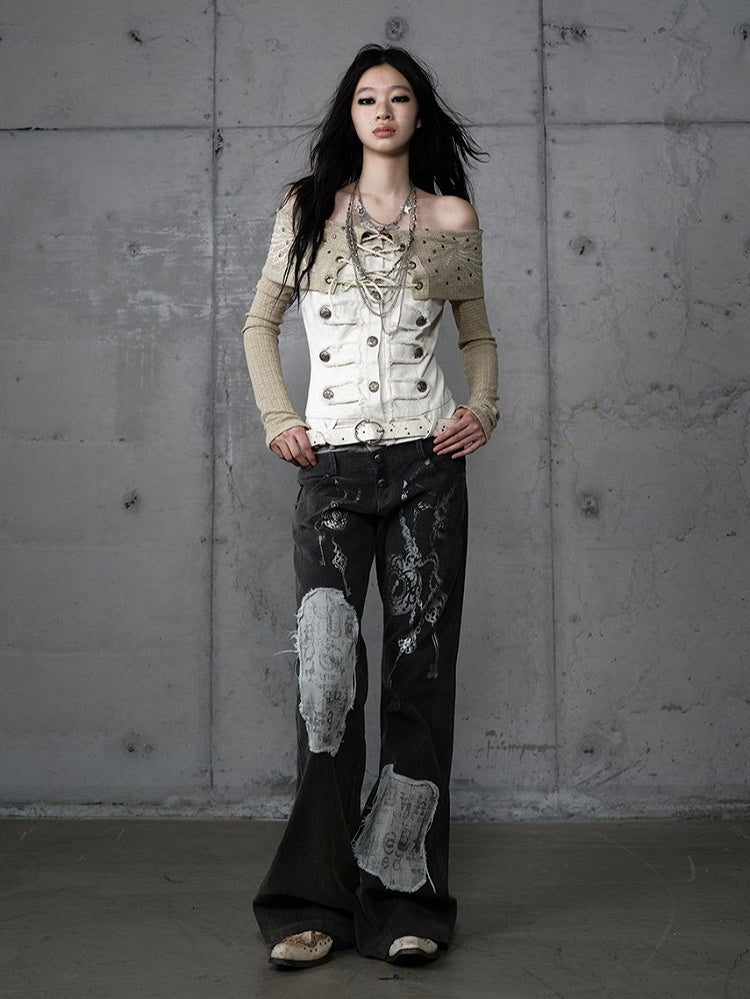 Studded Wing Khaki with Punk Panels Denim Embroidery Knit White Top Off-Shoulder