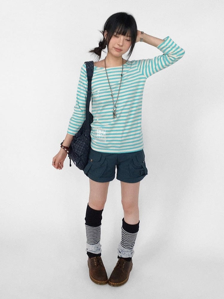 Mint Striped Wide Round Neck Long Sleeve T-shirt with Key and Iron Gate Print - innomoood