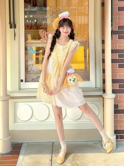 Plaid Dress Tiered Yellow Patchwork Design Flutter Sleeves Sweet